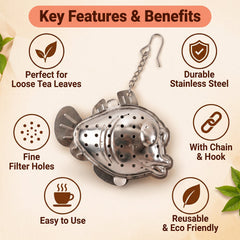 A silver fish-shaped tea infuser with a chain and hook, surrounded by icons highlighting its features and benefits.