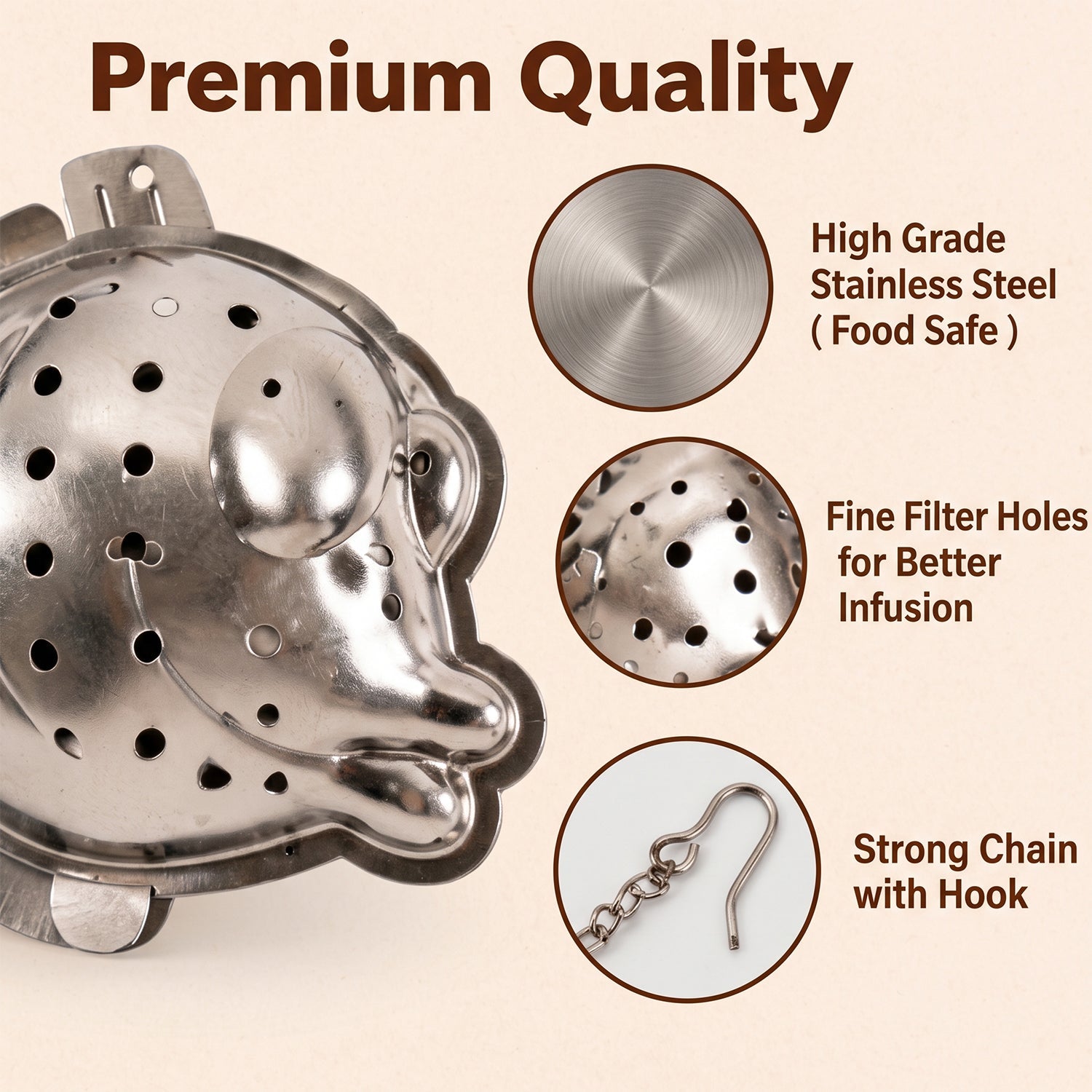 A close-up of the silver fish-shaped infuser, with three circular insets detailing its material, filter holes, and chain