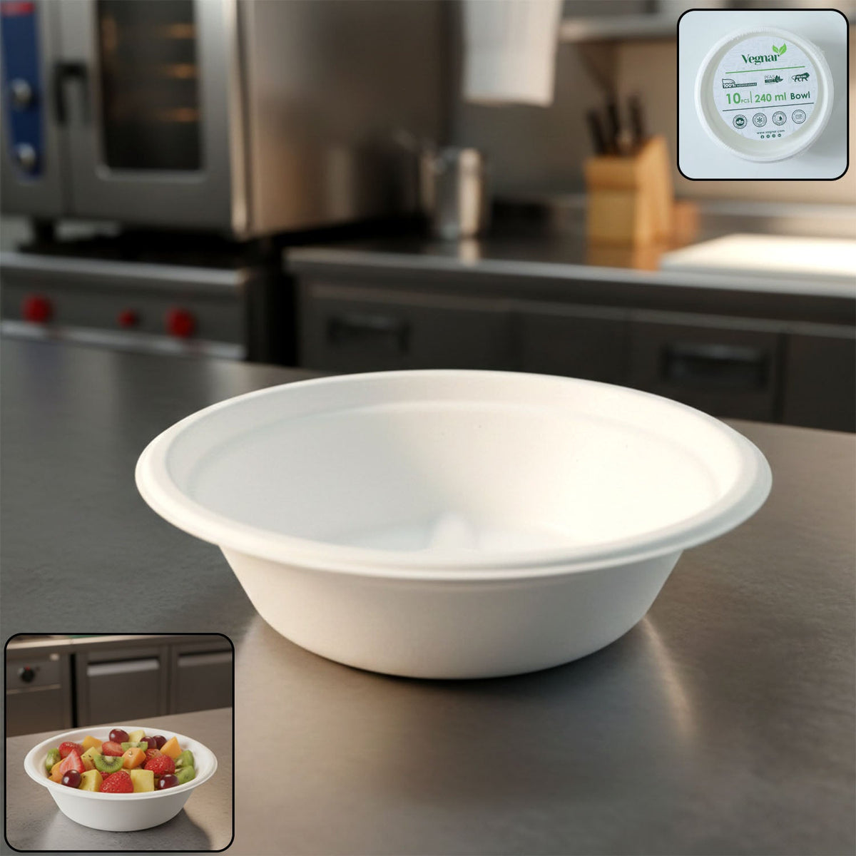 Vegnar 240ml compostable bagasse bowl, single view