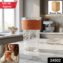 Transparent glass tumbler with lid & straw hole