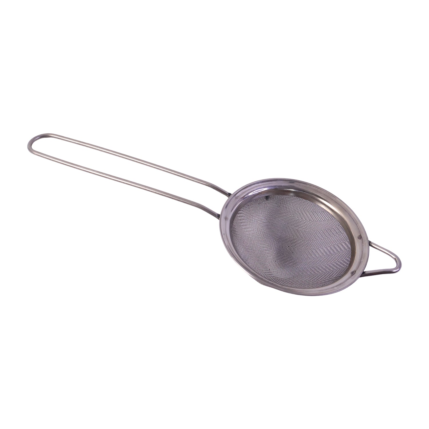 Stainless steel tea strainer on a clean white background