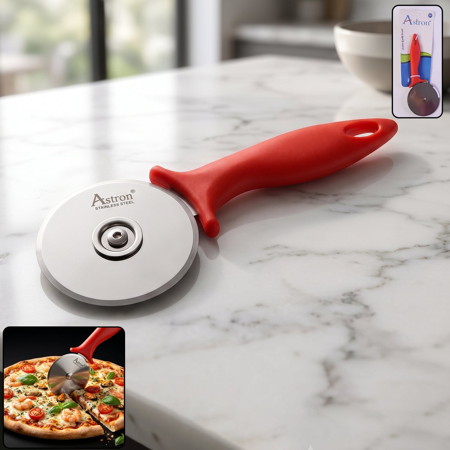 Stainless steel pizza cutter with plastic handle