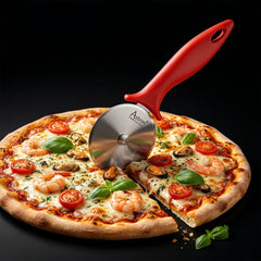 Pizza cutter in use on a pizza