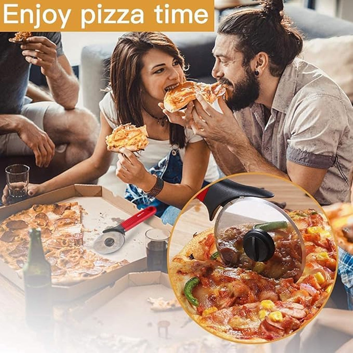 Hand slicing pizza with the cutter wheel