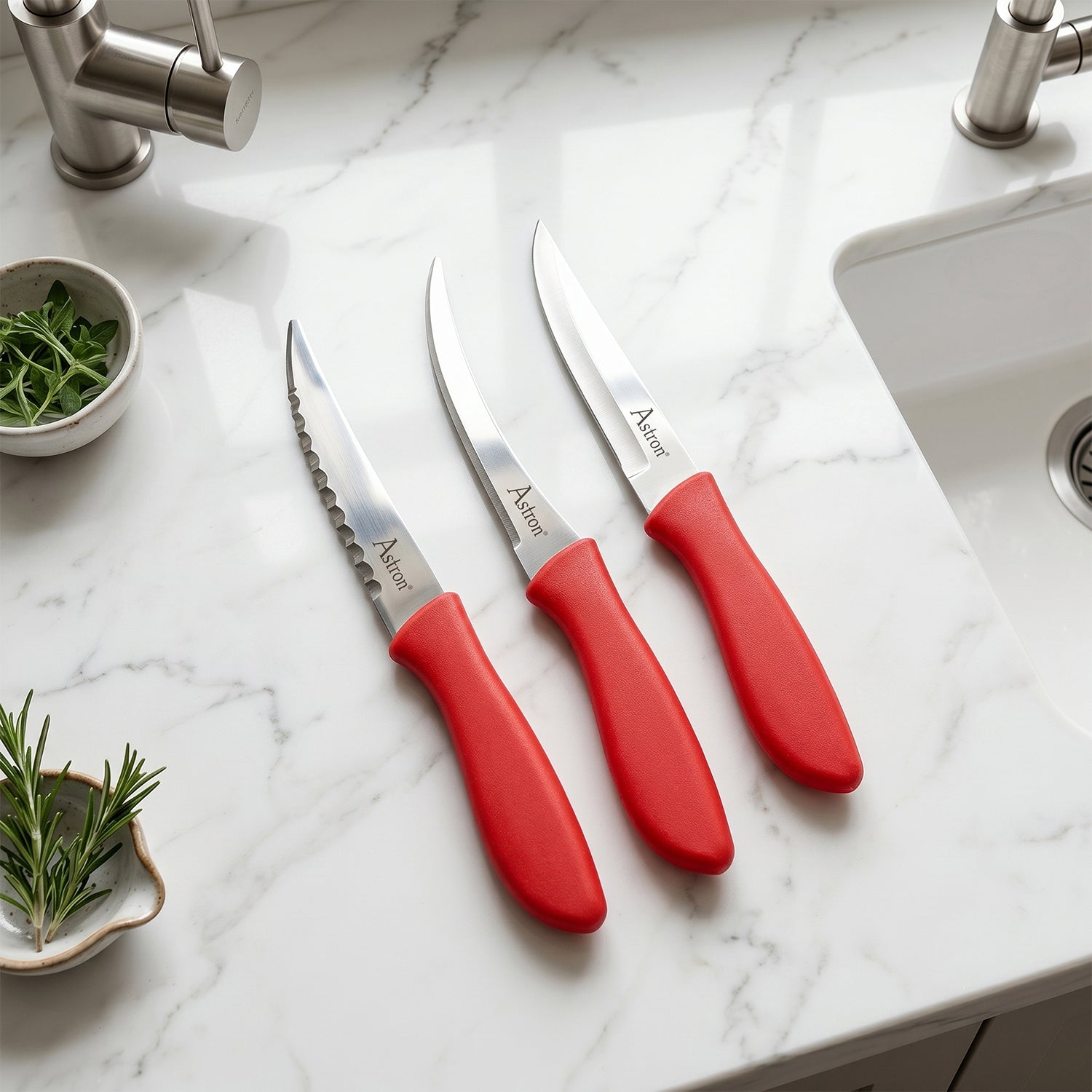 Assorted kitchen knives showing serrated, curved, and straight blade types