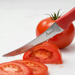 Close-up of three kitchen knives with ergonomic black plastic handles