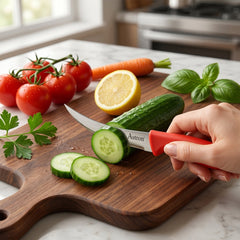 Stainless steel knife slicing fresh cucumber on a cutting board