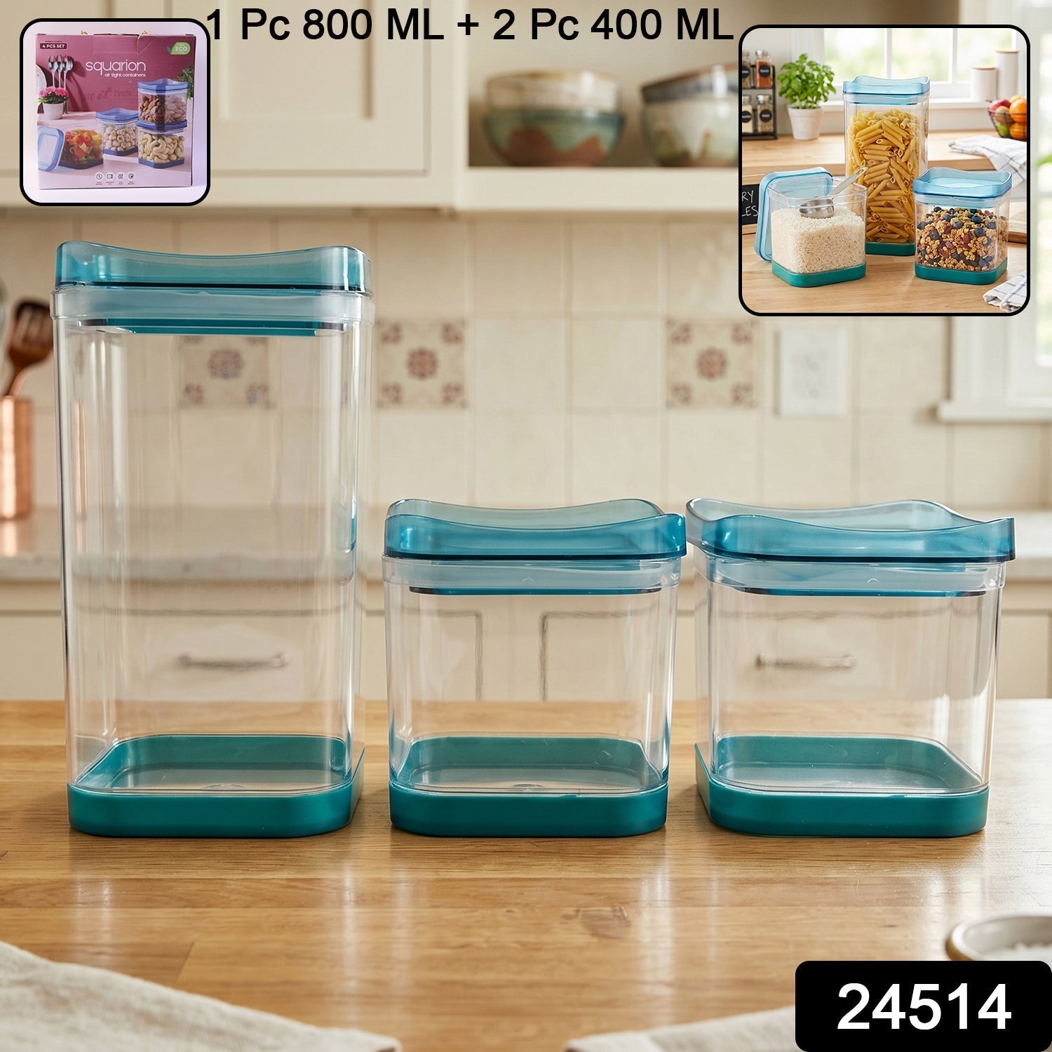 Three clear Squarion containers with colored flip-lock lids, packaged