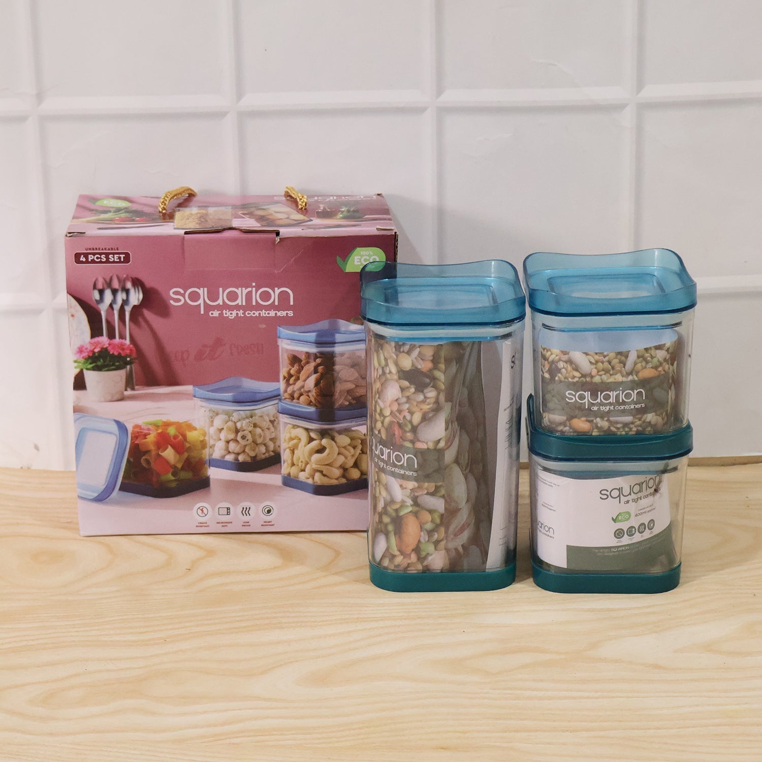 Size guide showing dimensions of the Squarion airtight storage containers