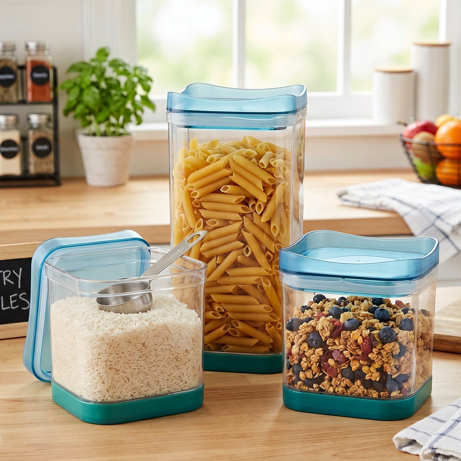 Squarion containers displayed in a modern kitchen setting, organized