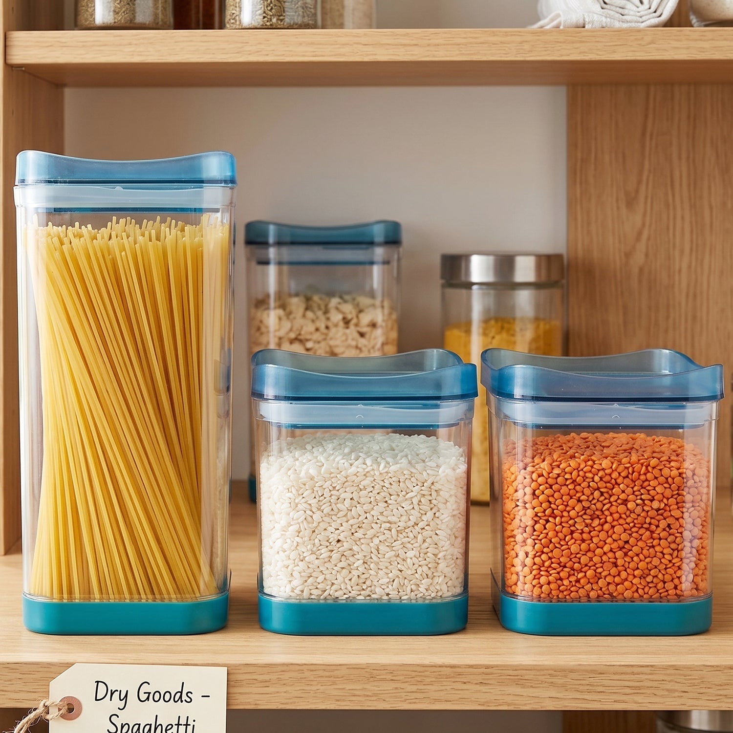 Organized pantry shelf with Squarion airtight containers holding staples