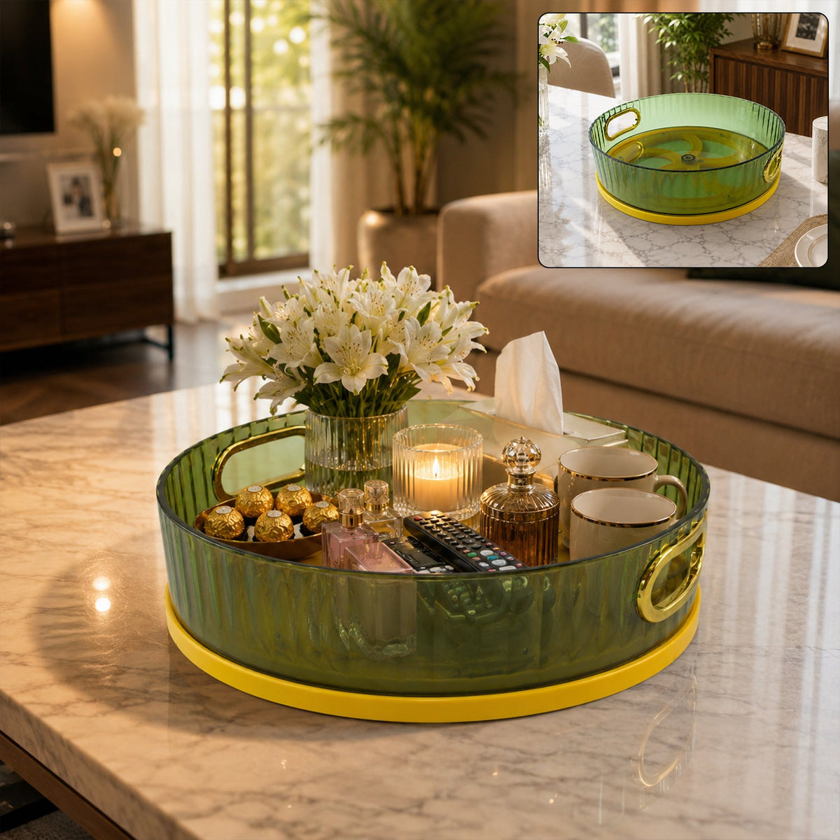 Plastic round rotating storage basket tray with handles