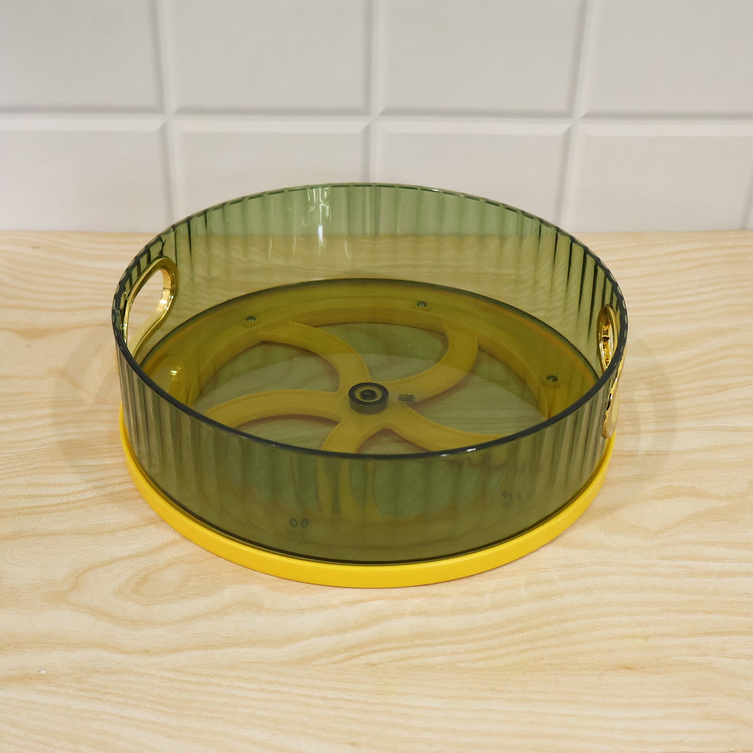 Live photo of plastic round rotating storage basket