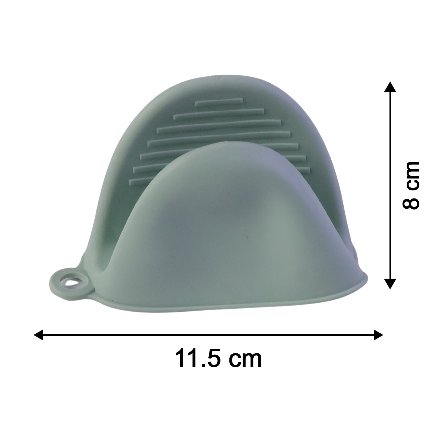 A green silicone mini oven mitt with dimensions: 11.5 cm width and 8 cm height.