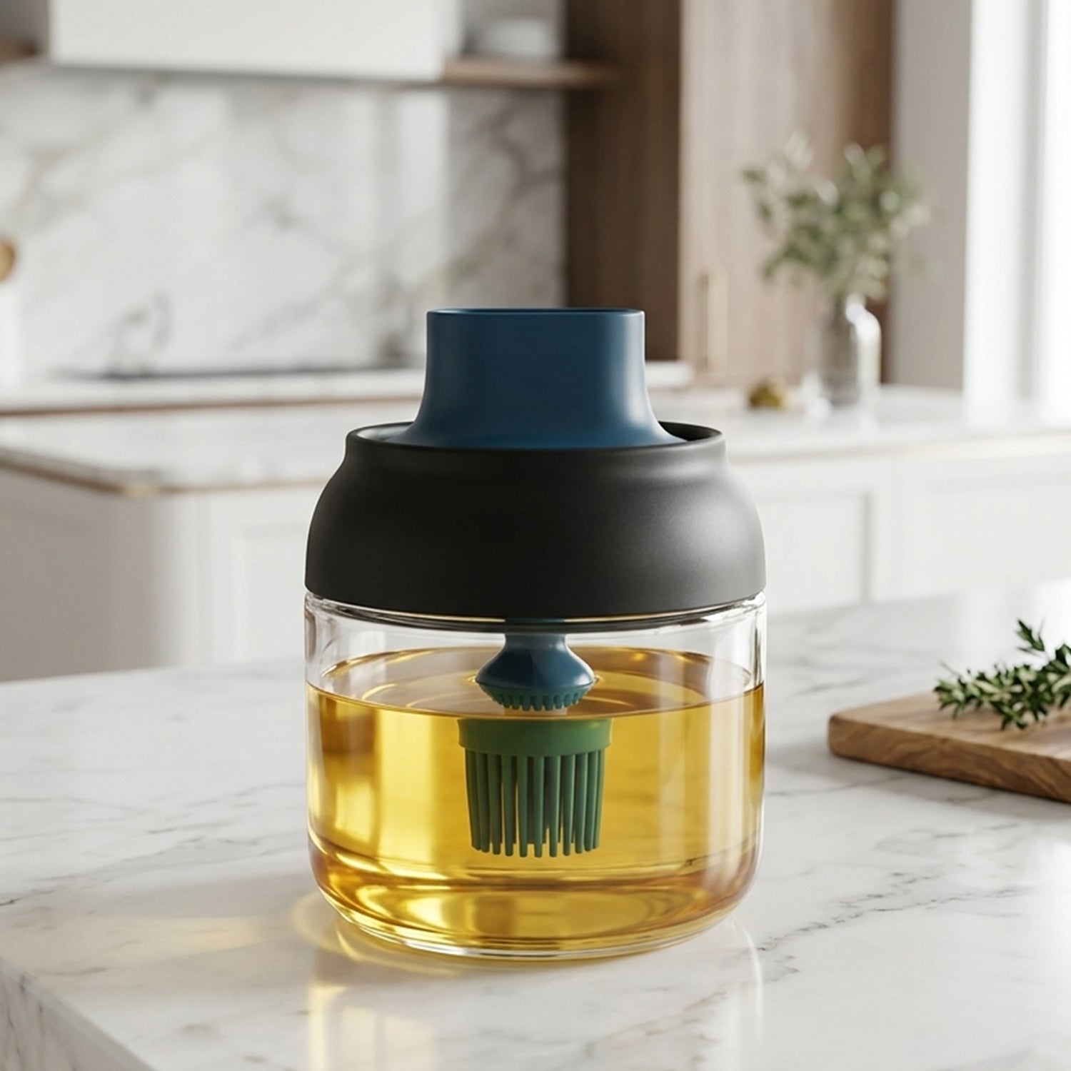Round glass oil dispenser filled with cooking oil