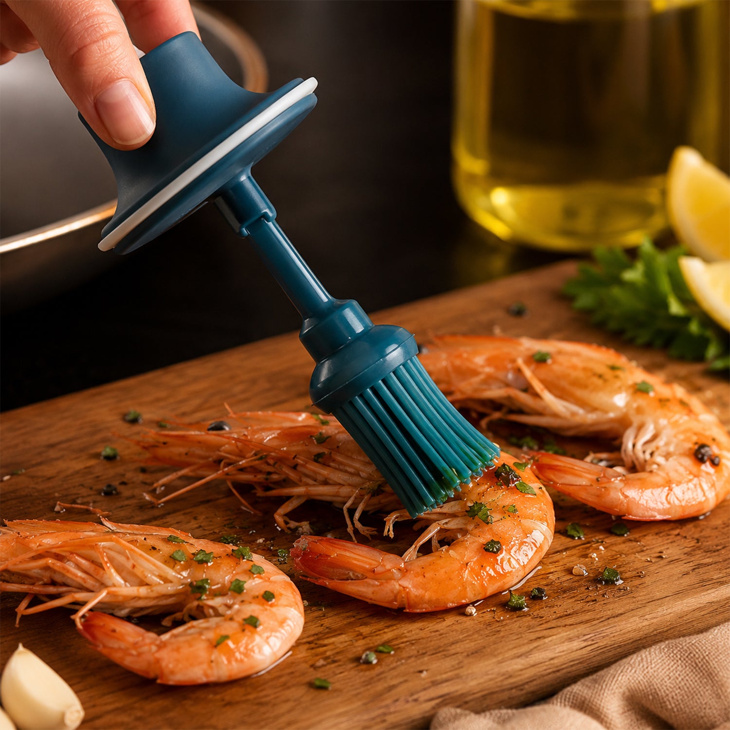 Silicone brush applying oil to food