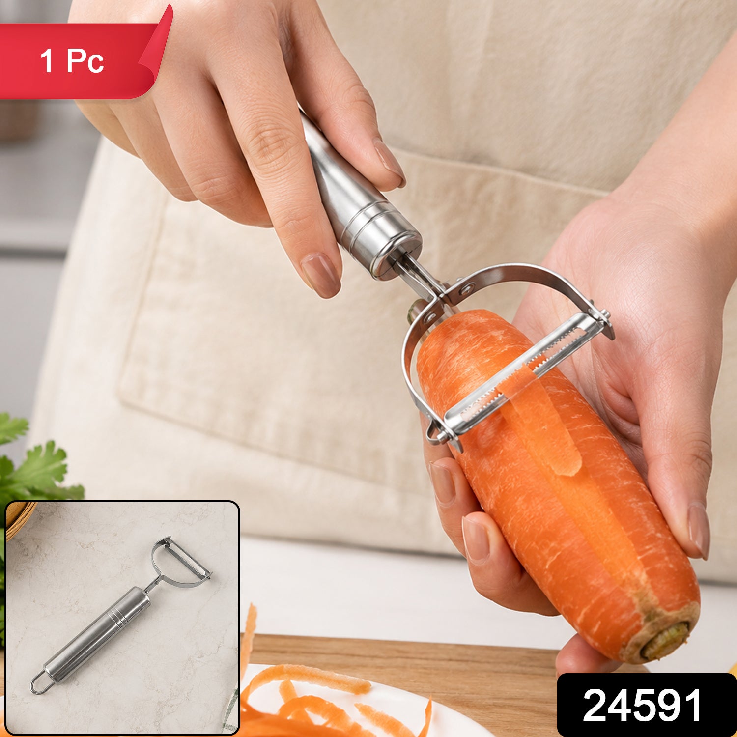 A person's hands using a silver stainless steel peeler to peel an orange carrot, with peeled shavings below, and a '1 Pc'