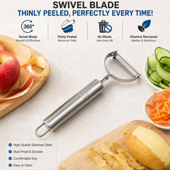 A stainless steel peeler on a wooden board with a peeled apple, sliced cucumber, and shredded carrots, with feature icons.