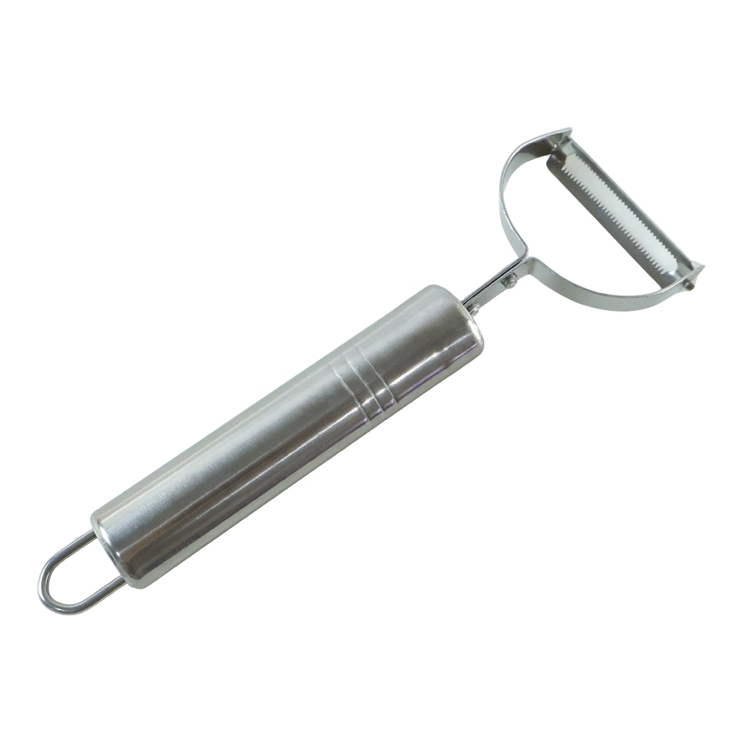 A close-up of a silver stainless steel peeler with a swivel blade on a white background.