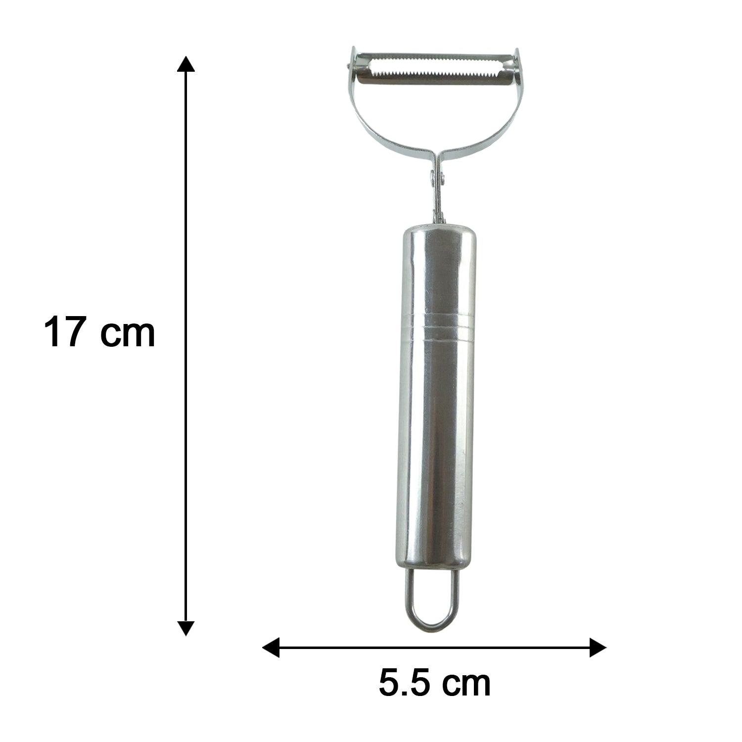 A silver stainless steel peeler on a white background with dimensions of 17 cm length and 5.5 cm width.
