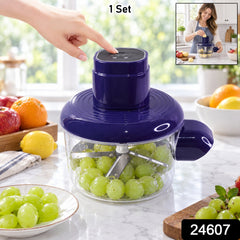 A hand presses the top of a blue peeler filled with green grapes, with an inset image of a woman.