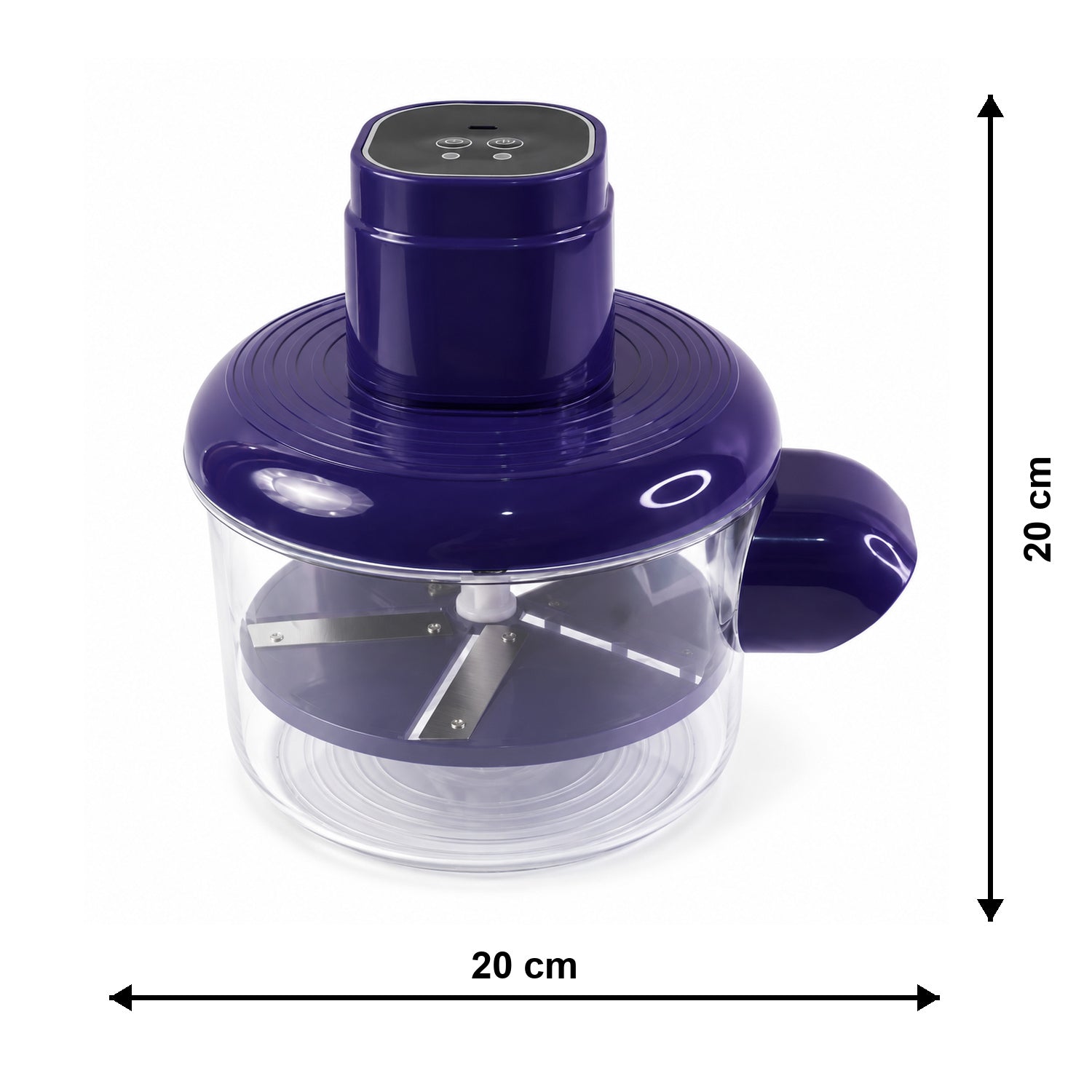 A dark blue and clear automatic peeler with steel blades, showing its dimensions of 20 cm by 20 cm.
