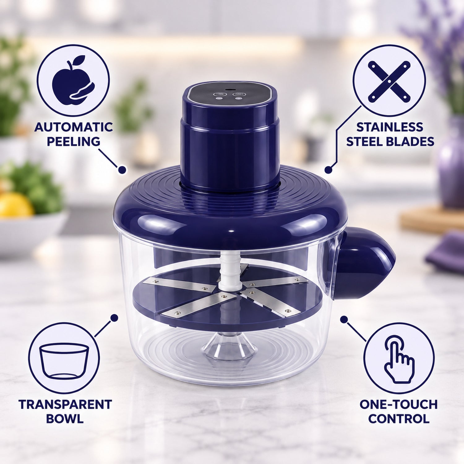 A blue and clear automatic peeler with four callouts describing its features like automatic peeling and steel blades.