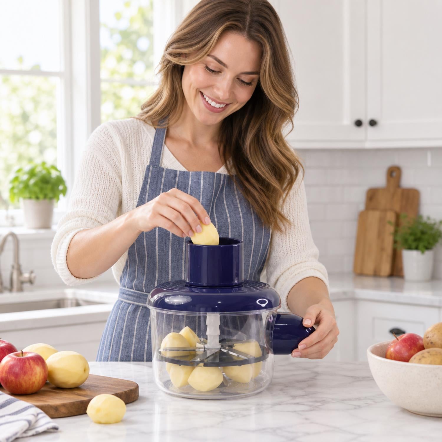 A smiling woman in an apron places a peeled potato into a blue and clear automatic peeler.
