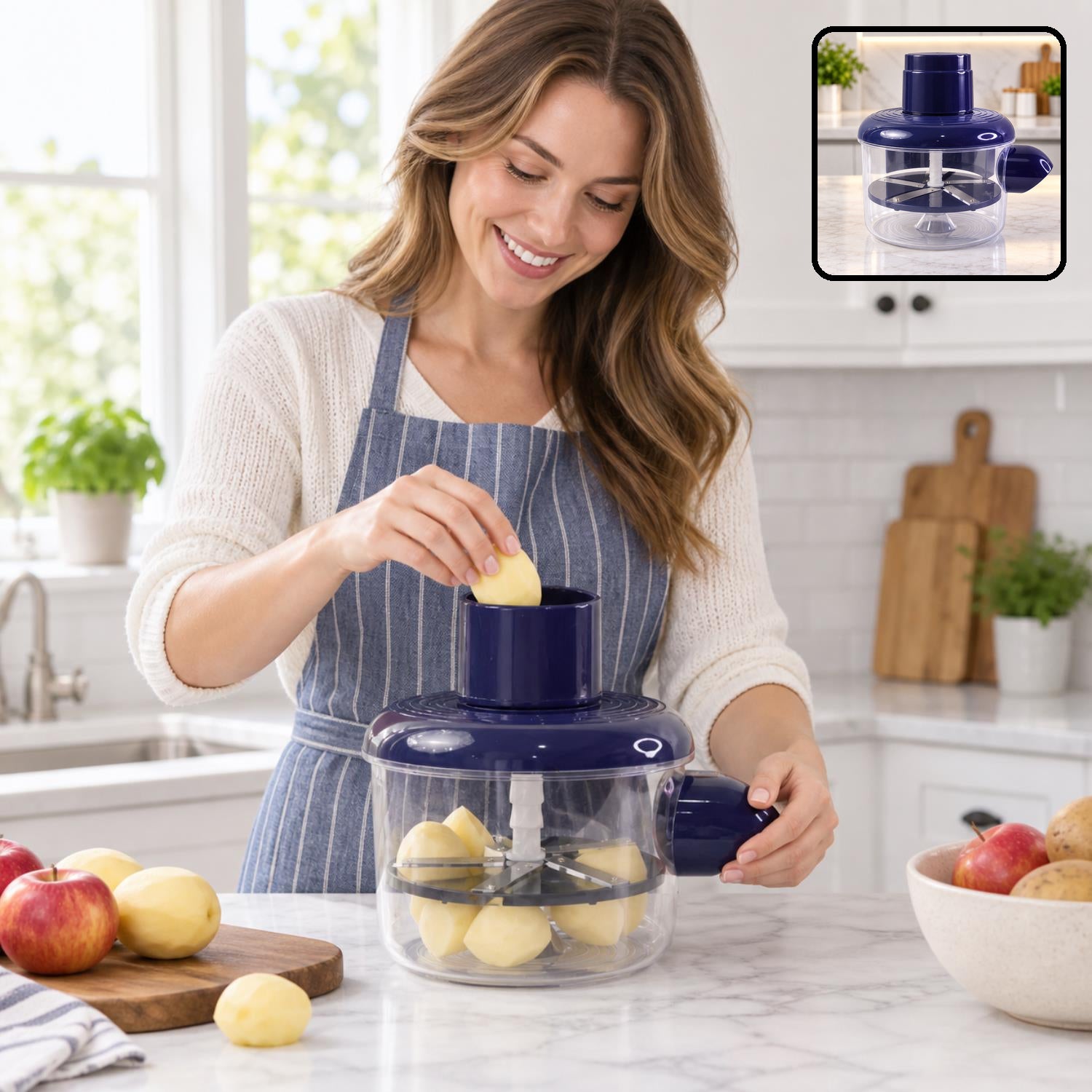 A smiling woman places a peeled potato into a blue peeler, with a small inset showing the peeler itself.