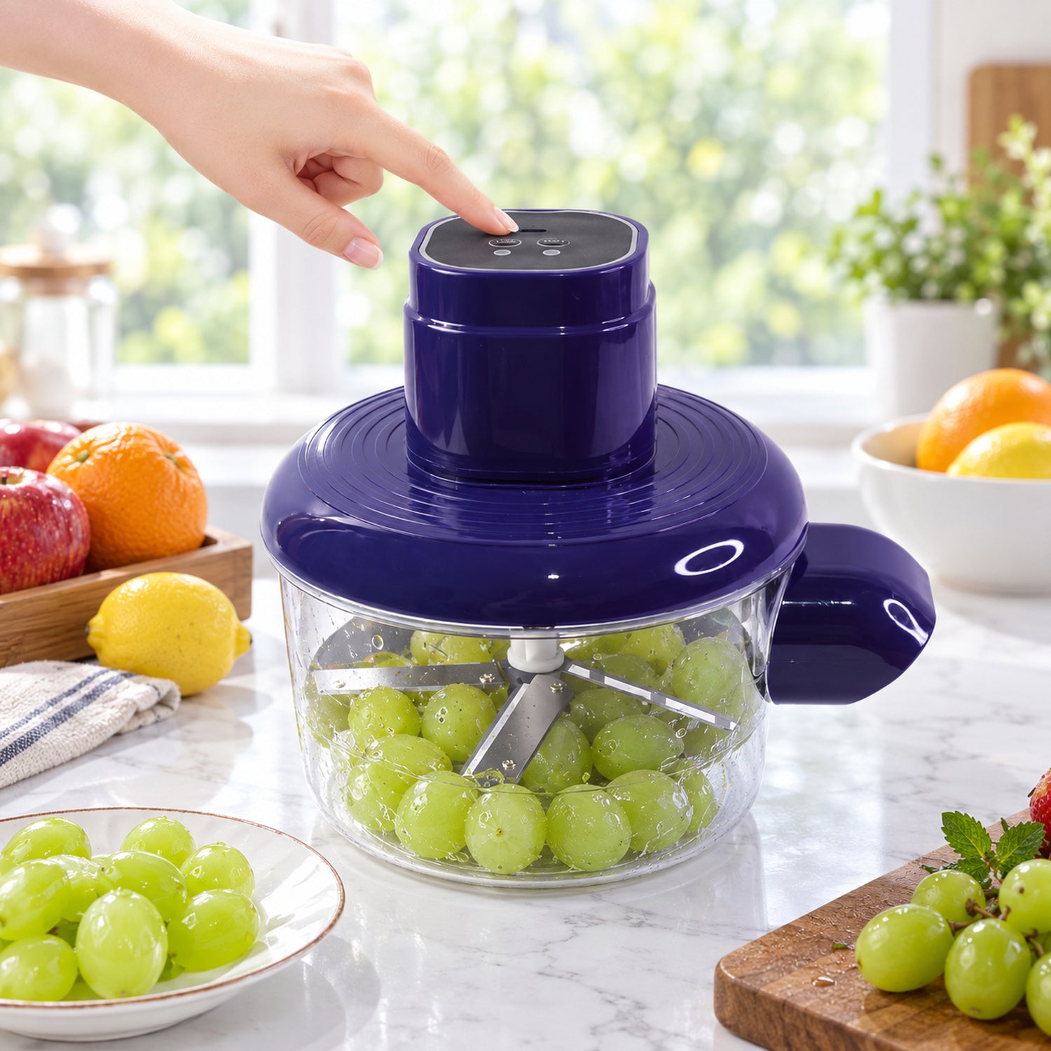 A hand presses the top of a blue peeler filled with green grapes, surrounded by fresh fruit on a counter.