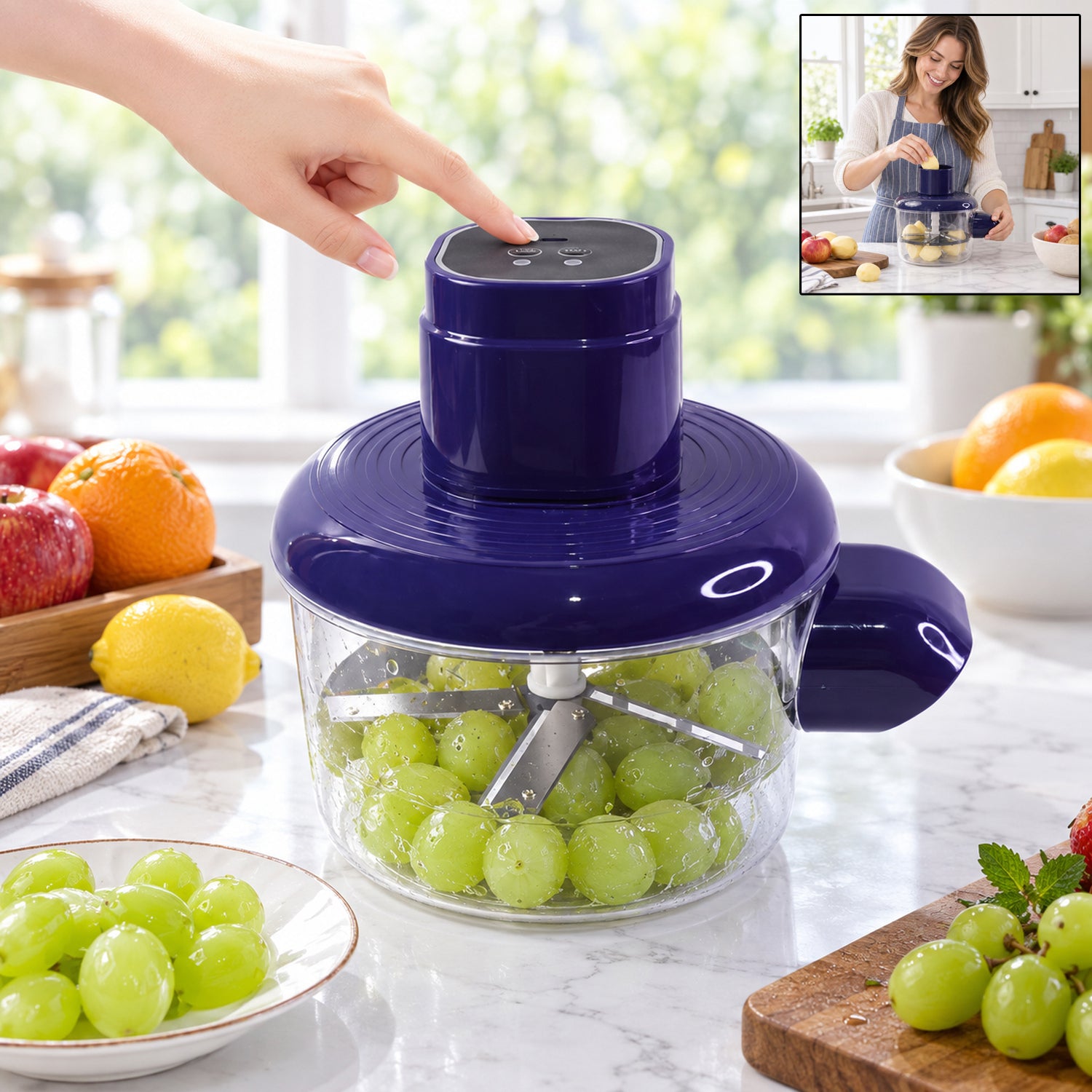 A hand presses the top of a blue peeler filled with green grapes, with an inset of a woman using the device.