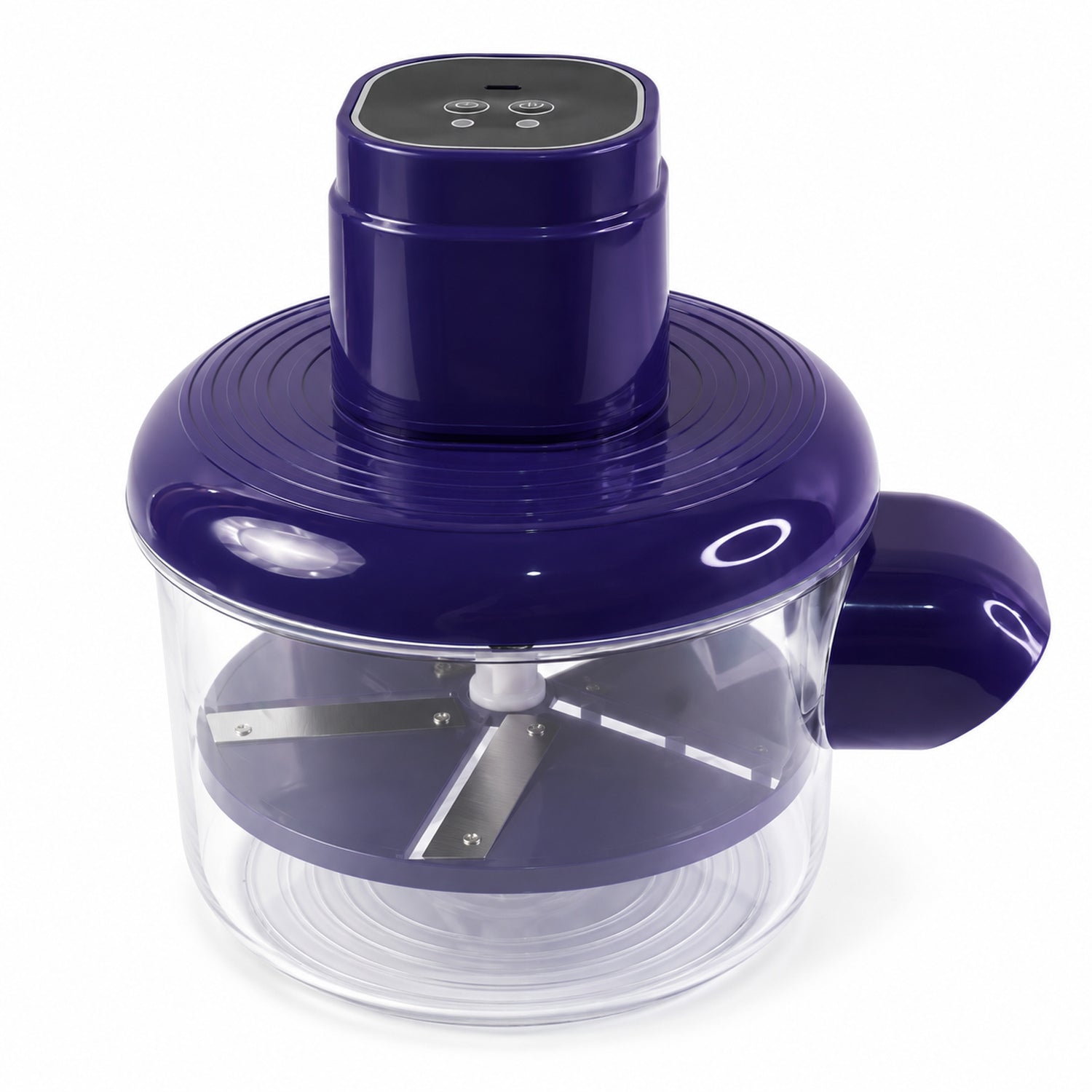 A dark blue and clear plastic automatic peeler with four steel blades, viewed from a high angle.
