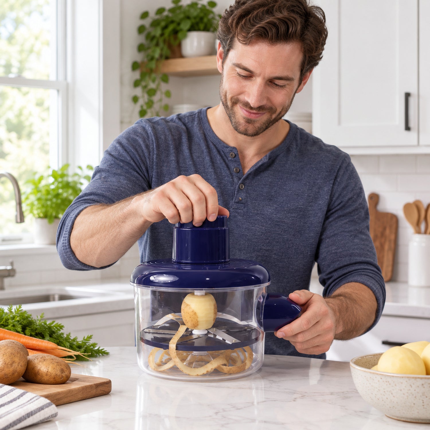 A man smiles while using a blue and clear peeler, with potato peels visible inside the transparent bowl.