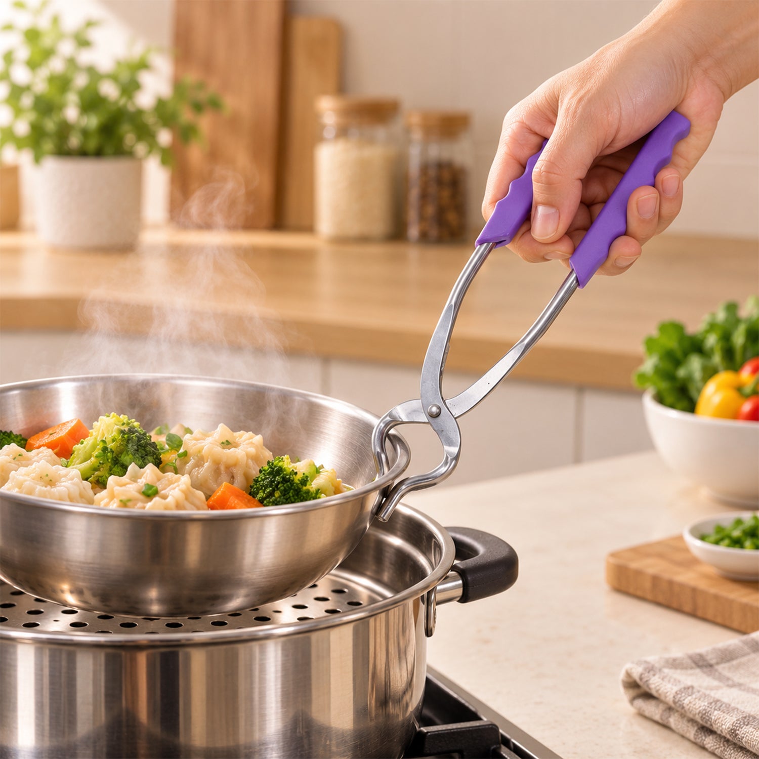 A hand holding a stainless steel pot lifter with purple handles, lifting a bowl of vegetables from a steamer.