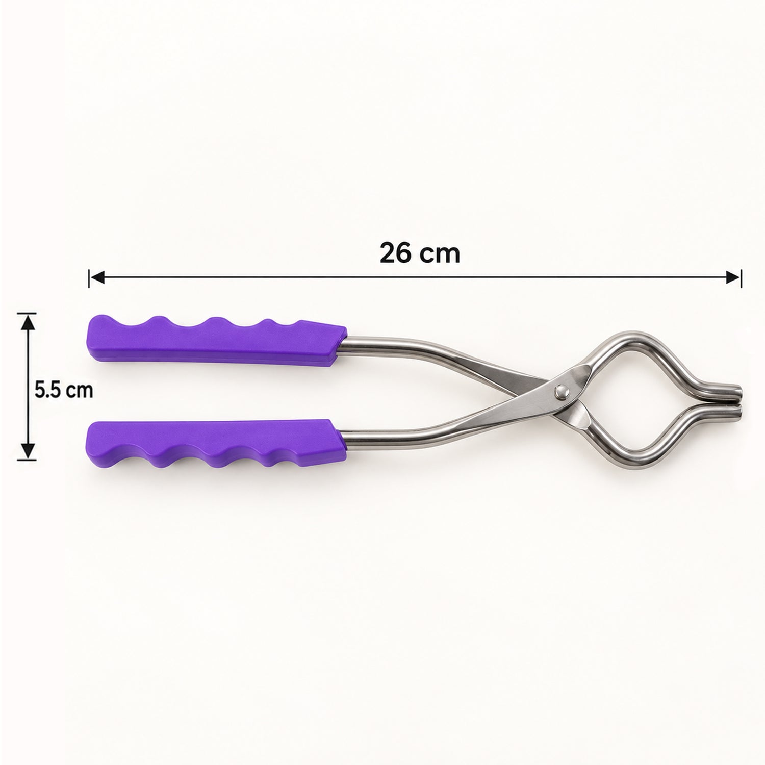 A stainless steel pot lifter with purple handles on a white background, showing dimensions of 26 cm length and 5.5 cm width.