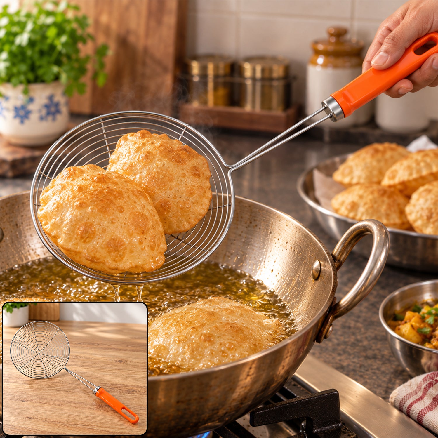 Steel frying strainer spoon puri draining