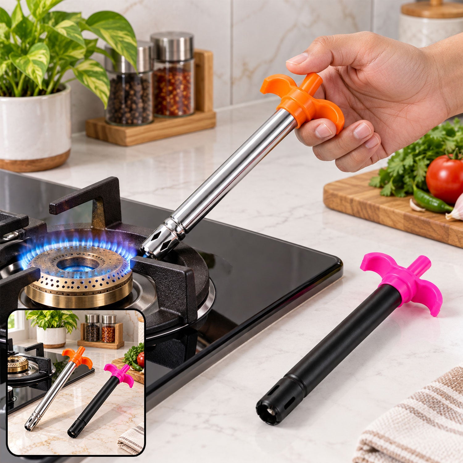 Durable Kitchen Gas Lighter with Metal Body, Push Button and Finger Grip