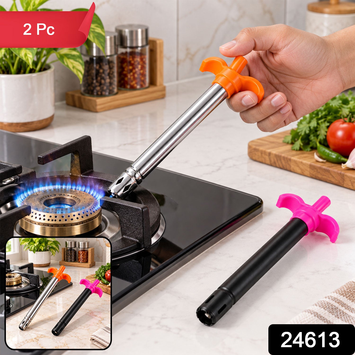 Metal Body Gas Stove Lighter with Push Plunger and Comfortable Finger Grip