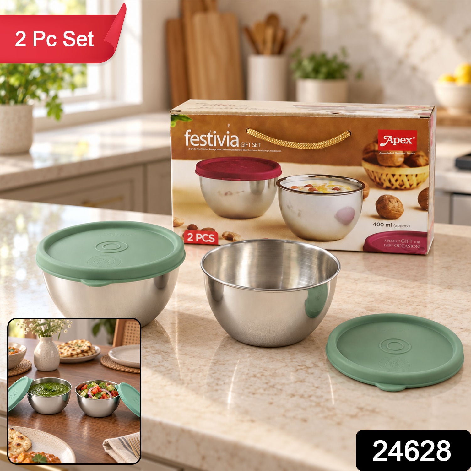 Two stainless steel bowls, one with a green lid, one open, on a kitchen counter with product packaging in the background.