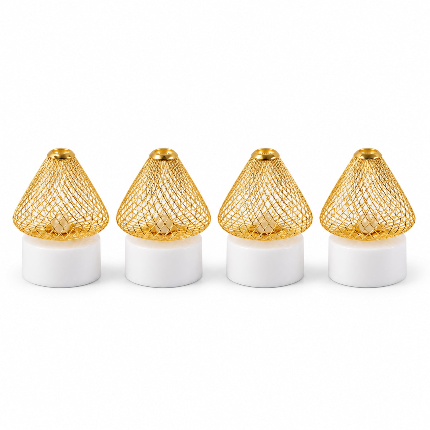 Four identical golden mesh LED lights with white bases are neatly arranged in a row against a plain white background.