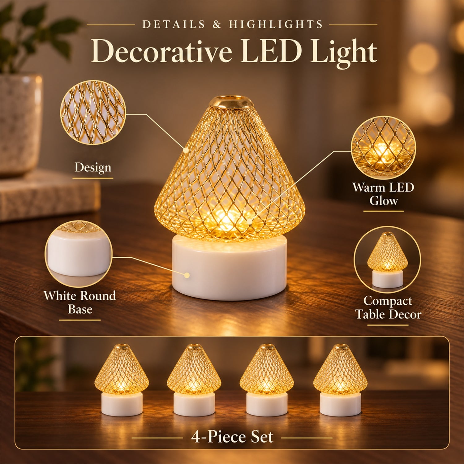 A single golden mesh LED light with a white base, surrounded by callouts detailing its design, warm glow, and compact size.