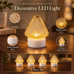 A single golden mesh LED light with a white base, surrounded by callouts detailing its design, warm glow, and compact size.