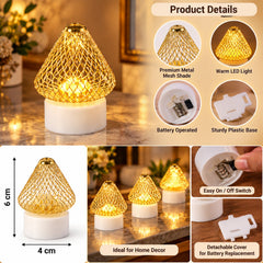 A golden mesh LED light with a white base, surrounded by details about its premium metal shade, battery operation, and