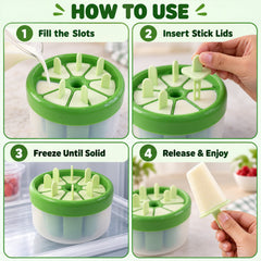 A four-panel graphic showing how to use the mold: filling slots, inserting stick lids, freezing, and enjoying a finished