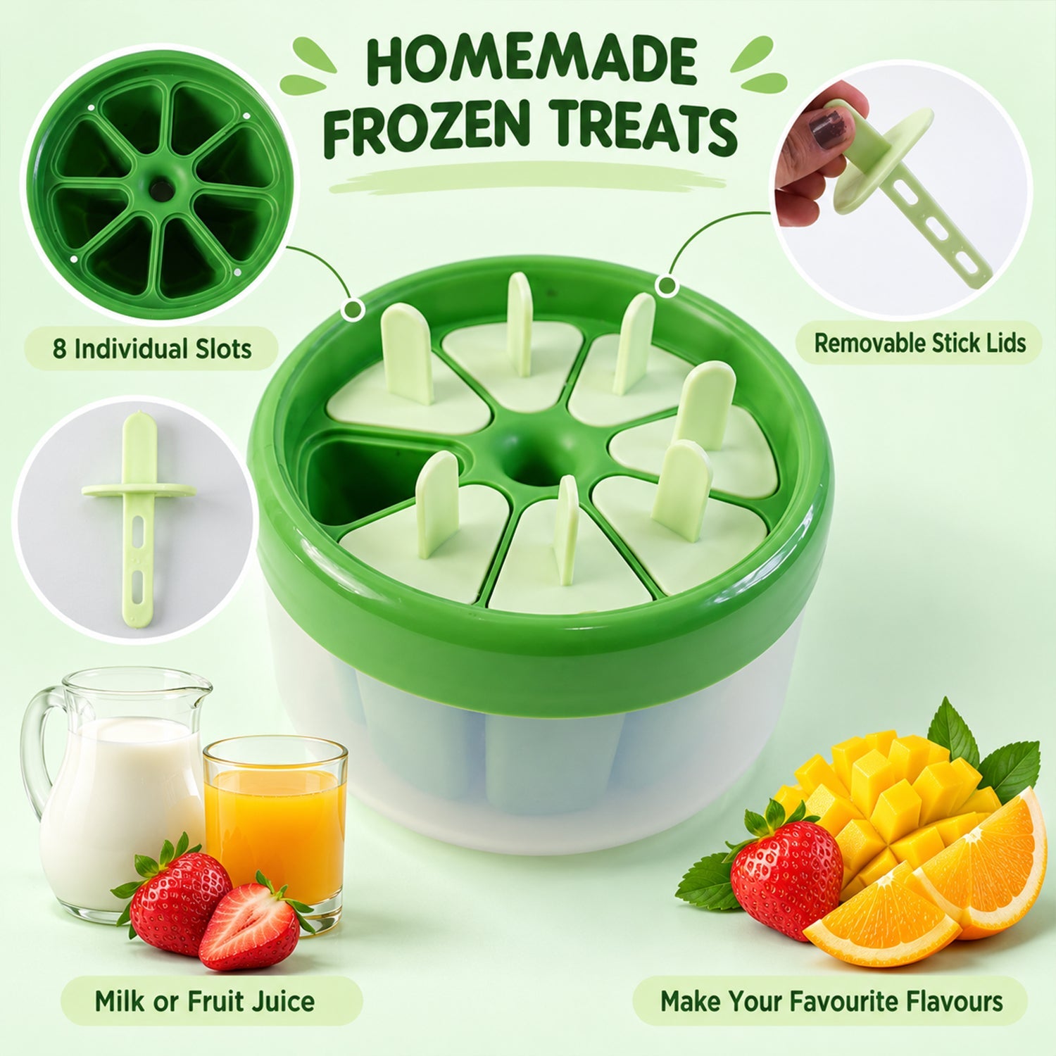 A green and white round plastic mold with eight slots and removable stick lids, surrounded by fresh strawberries, oranges,