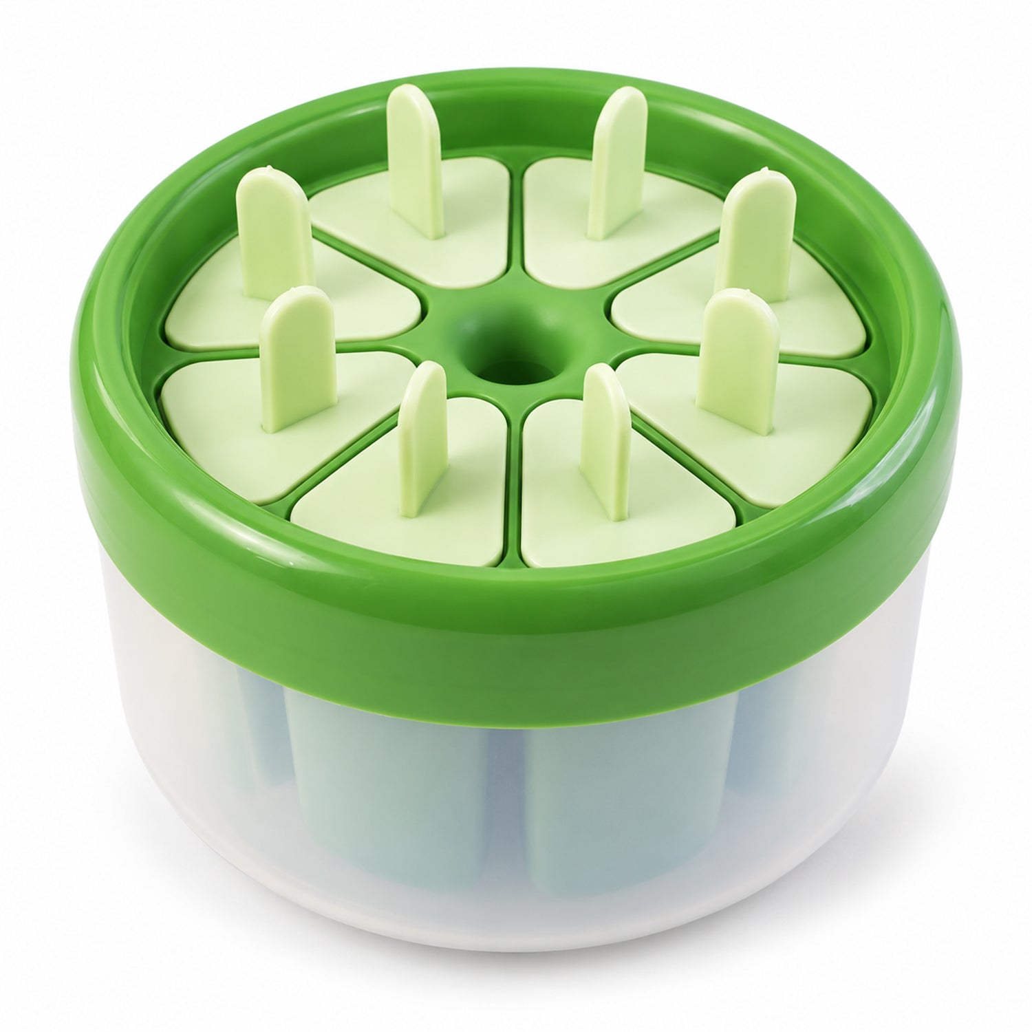 A green and white round plastic ice cream mold with eight light green stick lids inserted, against a plain white background.