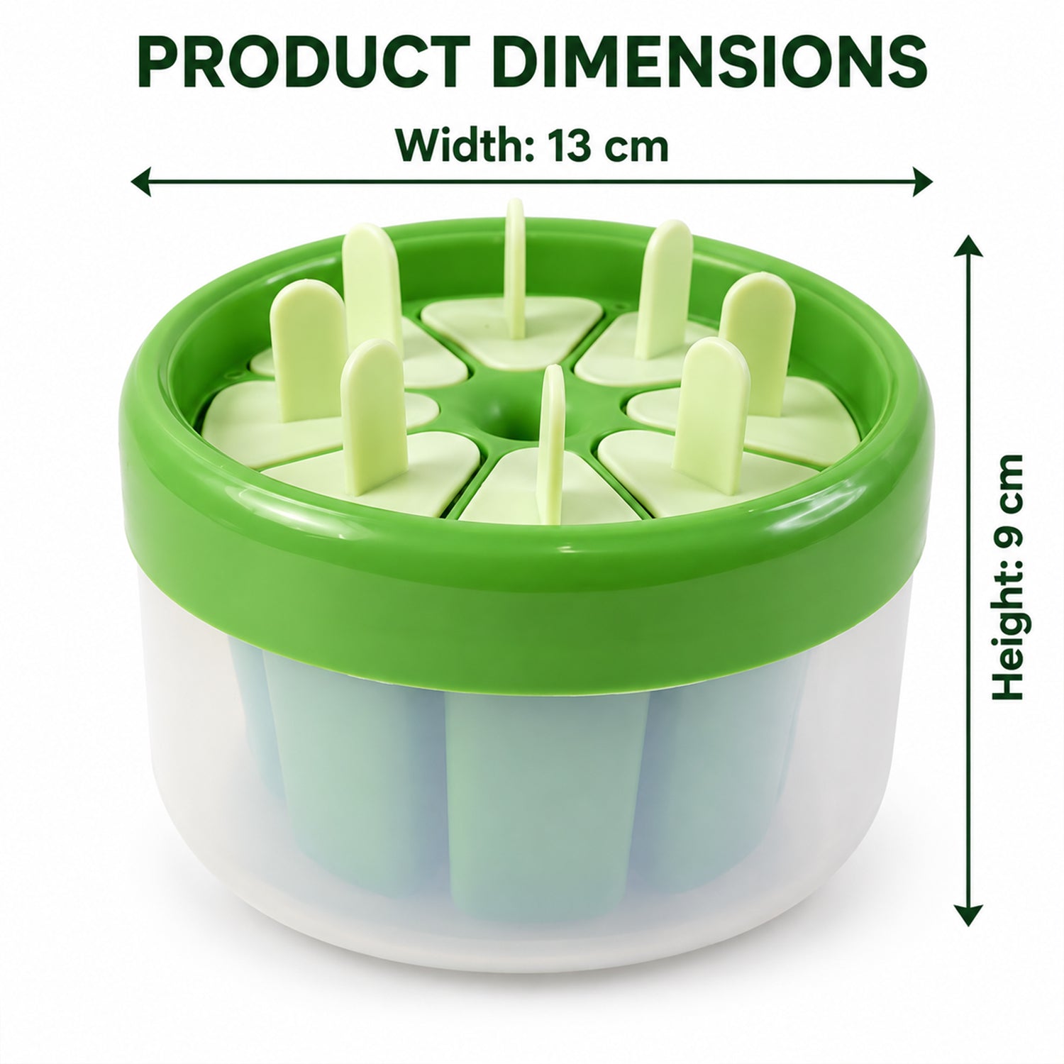 A green and white round plastic ice cream mold with eight light green stick lids, showing product dimensions of 13 cm width