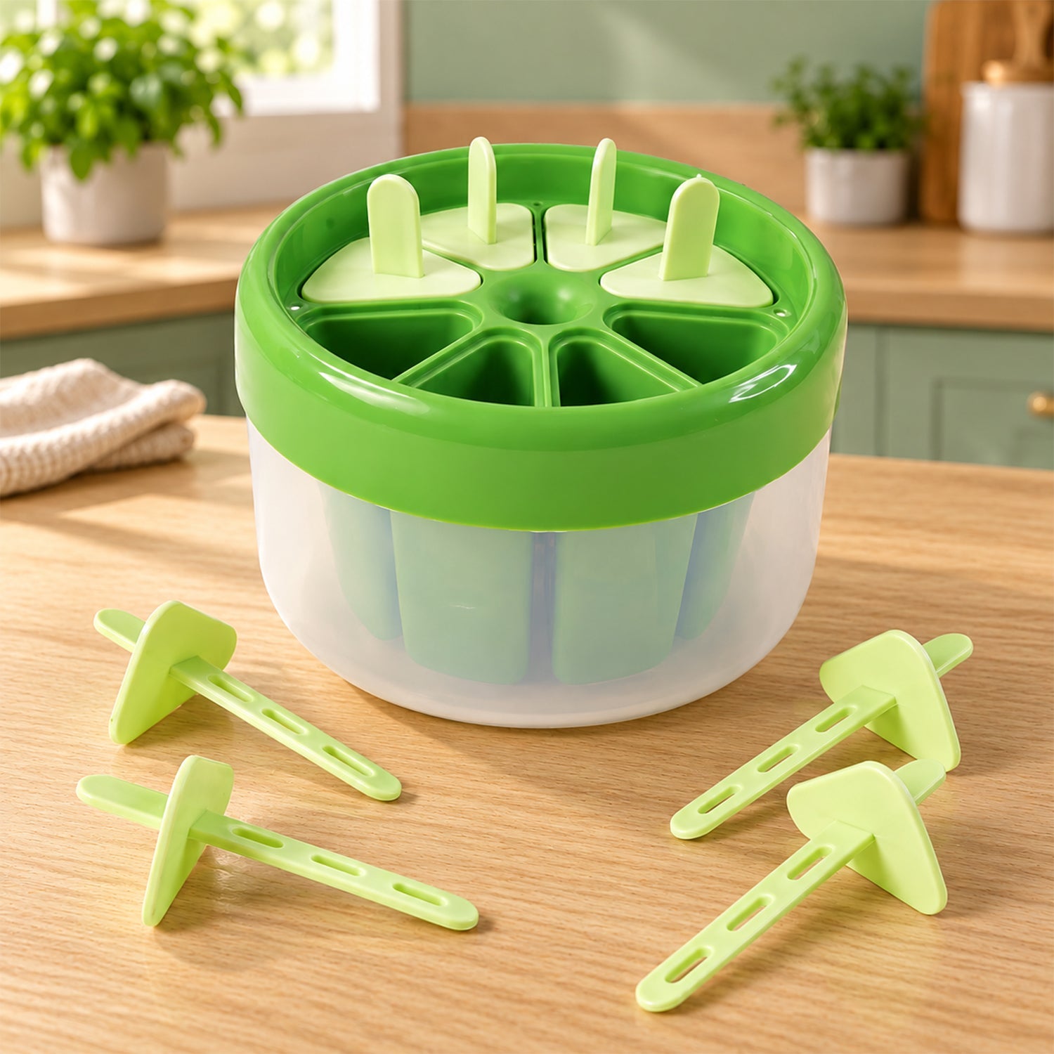A green and white round plastic ice cream mold with four green stick lids on a wooden table, in a kitchen setting.