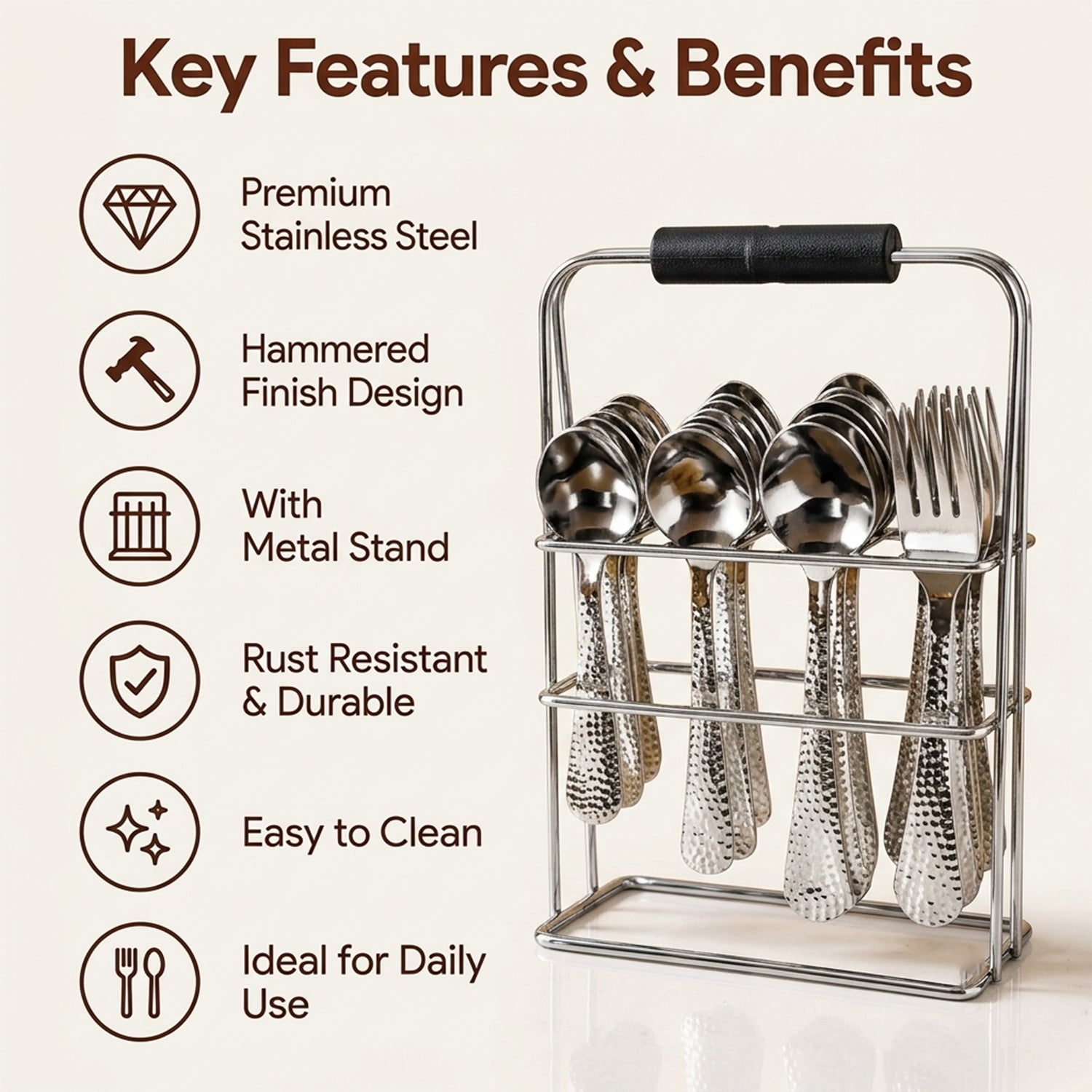 Hammered stainless steel cutlery set with metal stand 8