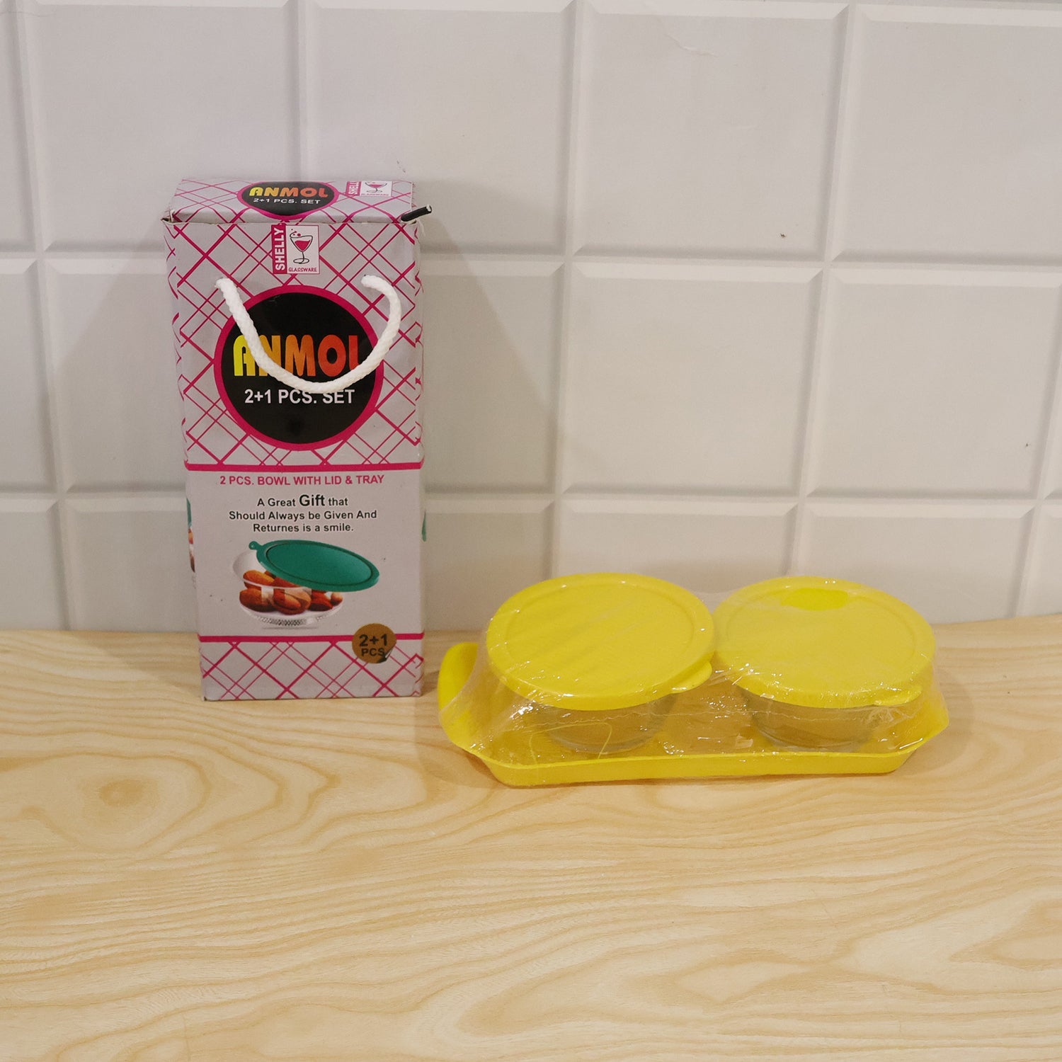 Glass Bowls with Yellow Lids and Tray